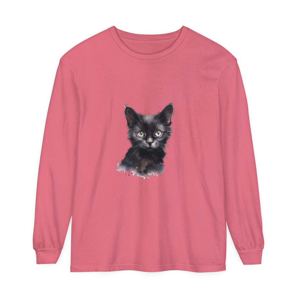 Black Cat Watercolor Long Sleeve T-Shirt featuring a realistic watercolor design of a black cat against a vibrant background