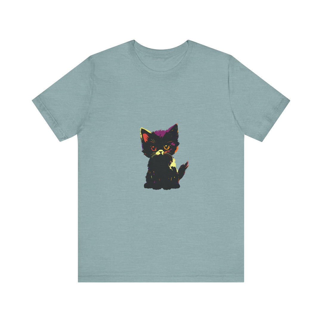 A black t-shirt featuring a neon illustration of a mysterious cat