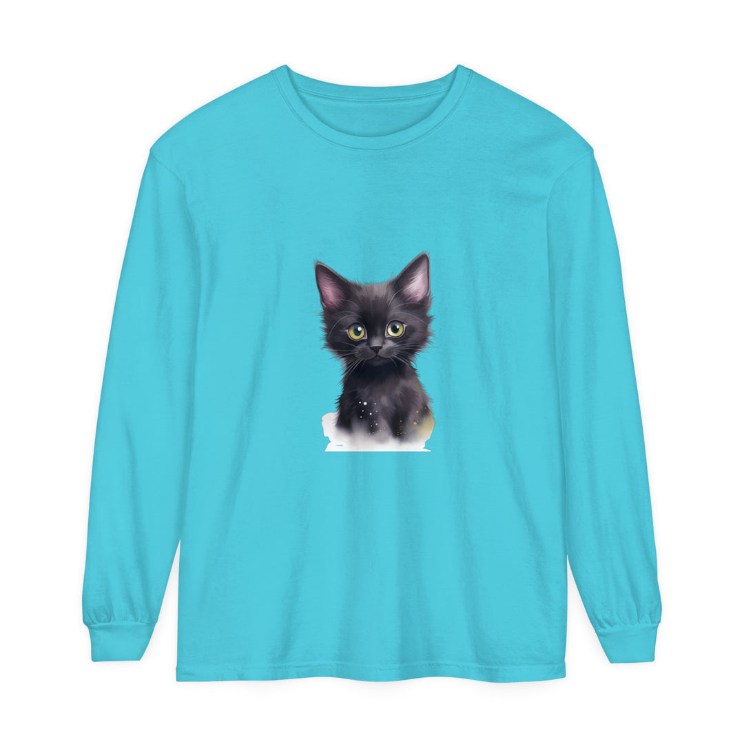 A close-up image of a cute black kitten with striking green eyes printed on a comfortable and stylish T-shirt