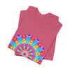 Vibrantly colored mandala t-shirt with psychedelic art design for a unique and eye-catching fashion statement