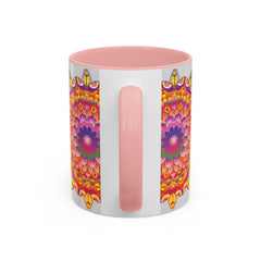 A vibrant and intricate mandala art mug showcasing a colorful floral design
