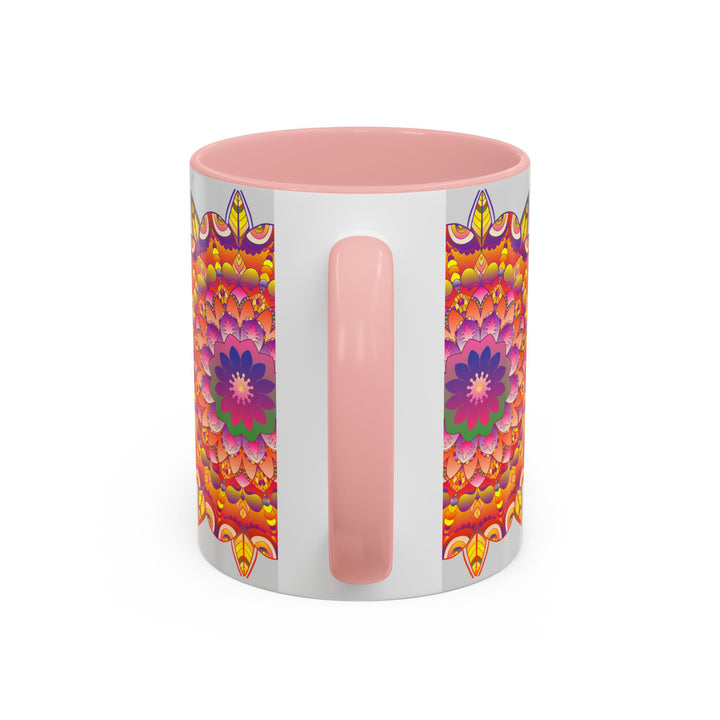 A vibrant and intricate mandala art mug showcasing a colorful floral design