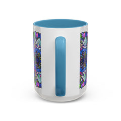 Handcrafted ceramic mandala mug with vibrant and soothing colors, perfect for enjoying a peaceful morning coffee or tea ritual