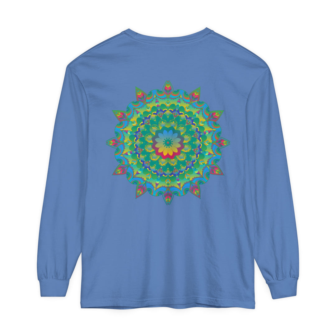 Colorful and intricate psychedelic mandala design on a long sleeve t-shirt