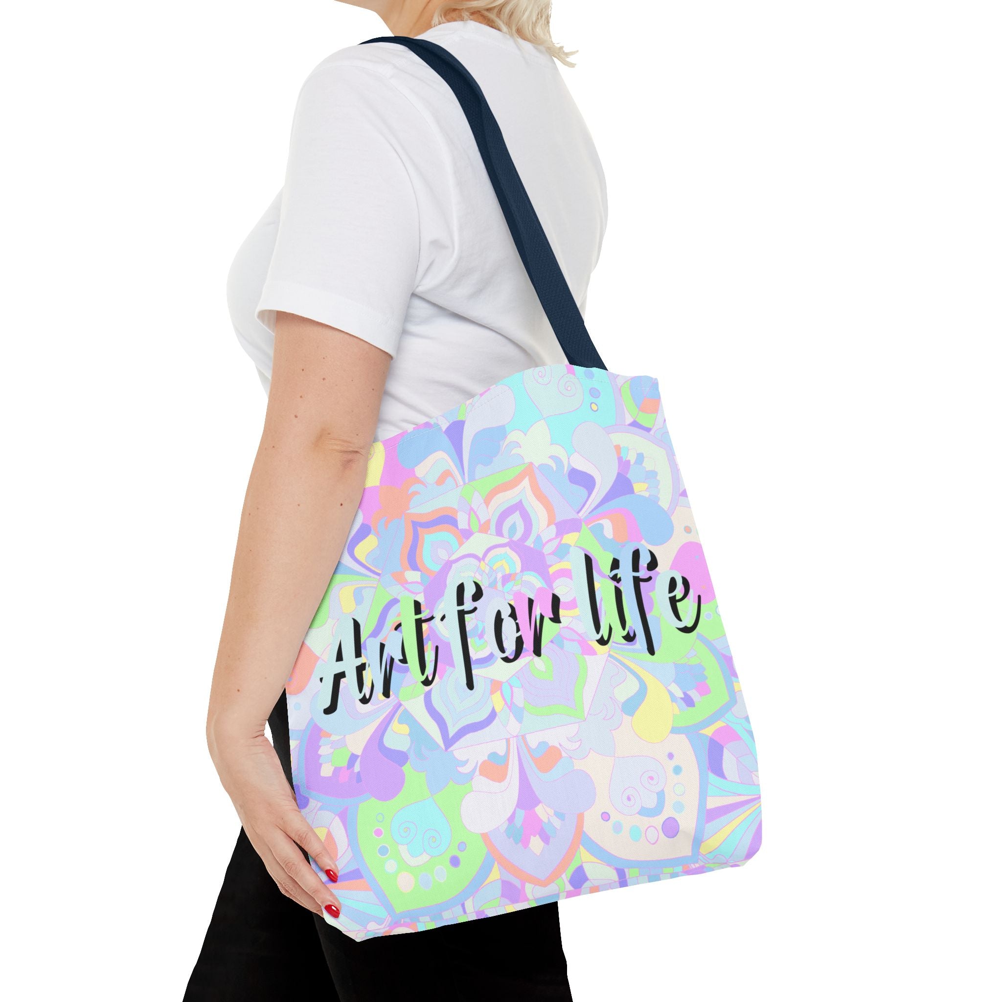 Colorful mandala tote bag with vibrant 'Art for Life' quote, perfect for carrying your essentials in style and adding a pop of creativity to any outfit