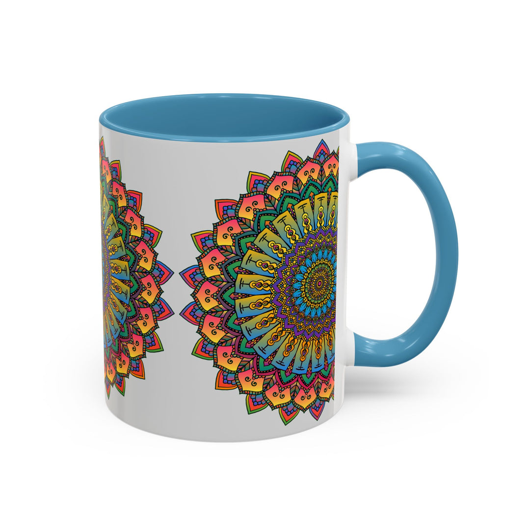 Colorful ceramic mug featuring a spiritual mandala design in vibrant, eye-catching colors