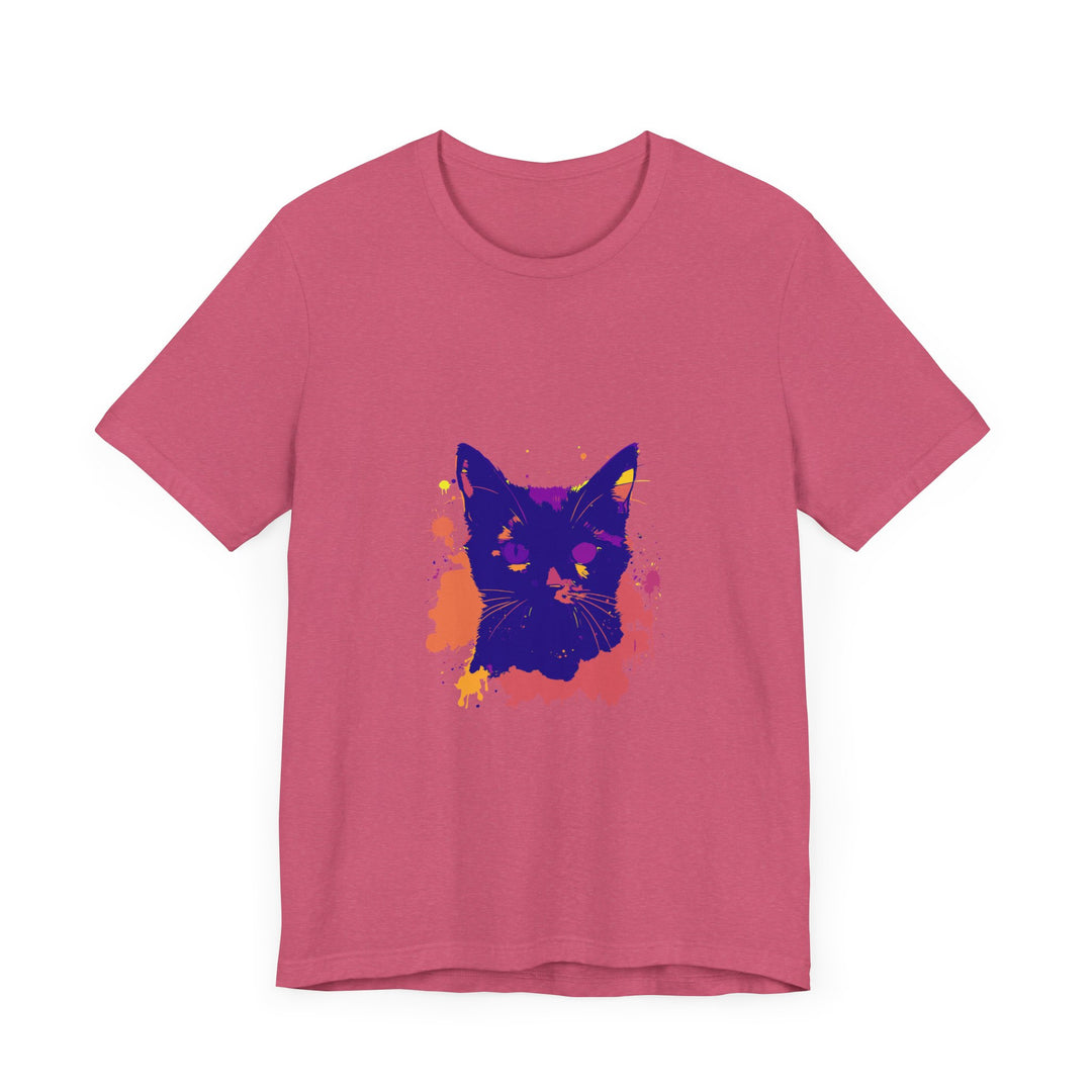 A trendy black cat mystery t-shirt featuring a vibrant and striking splatter pattern