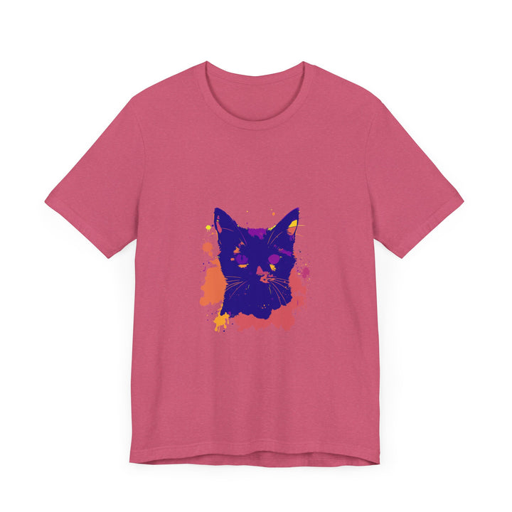 A trendy black cat mystery t-shirt featuring a vibrant and striking splatter pattern