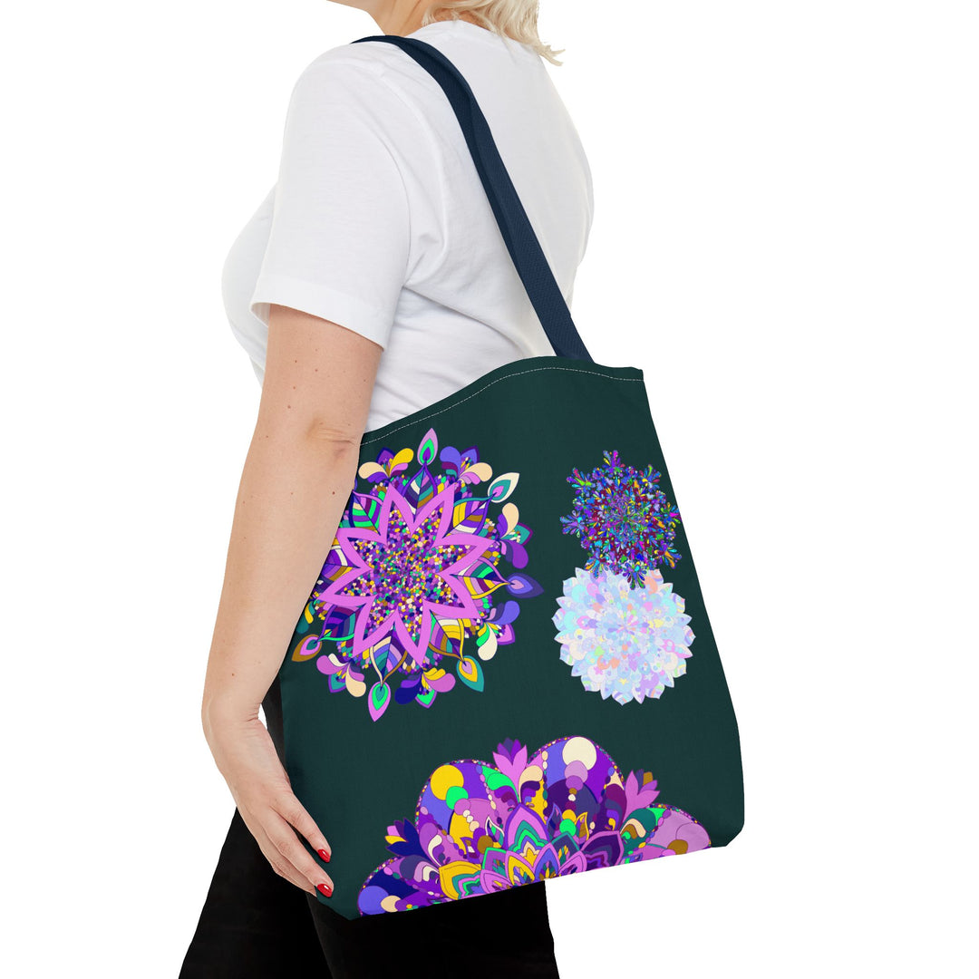 Large black and white Mandala Tote Bag with intricate design and durable shoulder straps