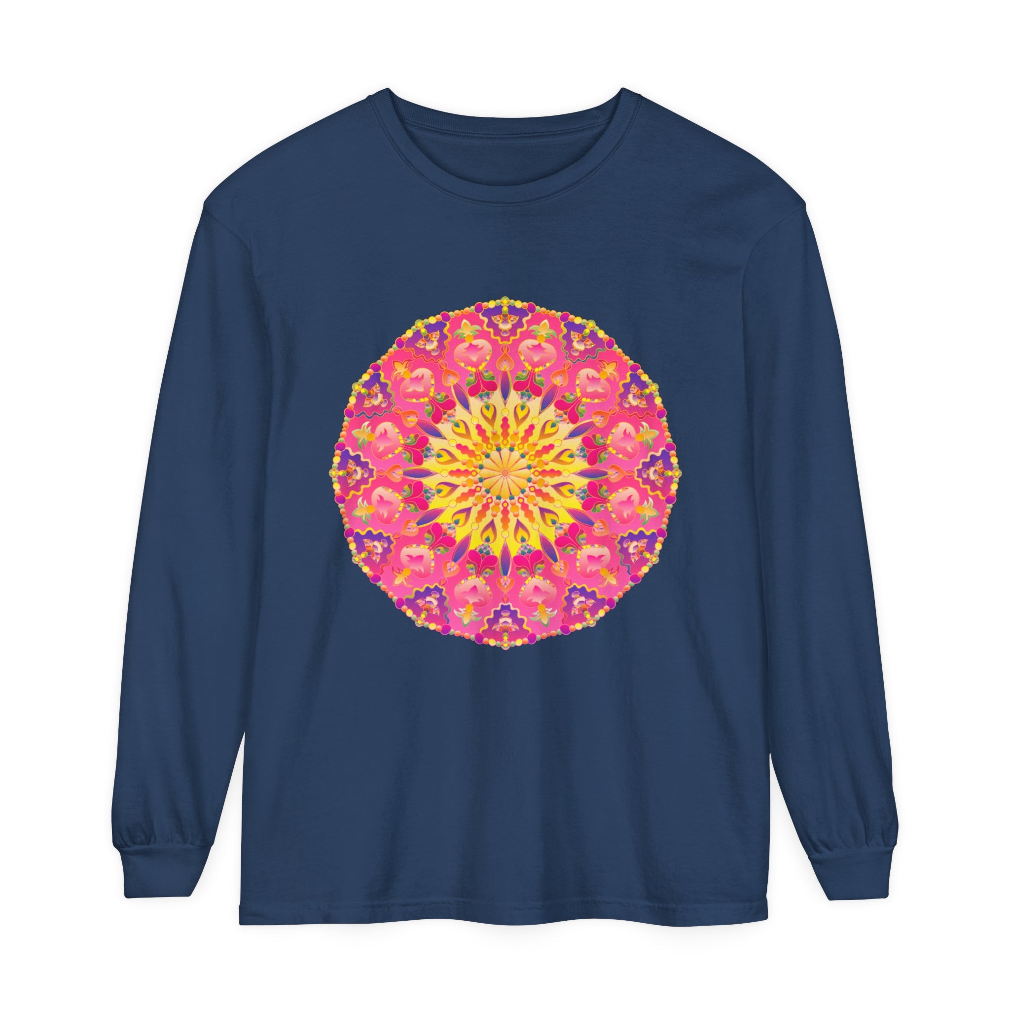 Colorful and intricate design of a mandala printed on a unisex long sleeve t-shirt