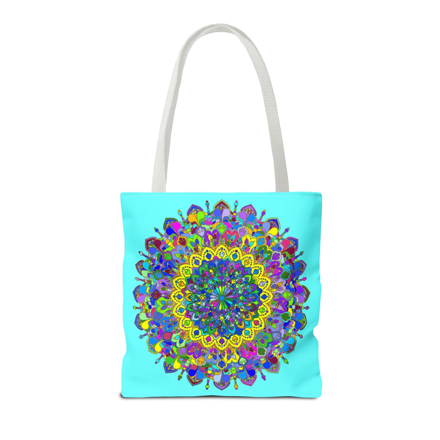 Vibrant and intricate mandala art design on a spacious tote bag