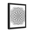 Beautiful mandala handmade art in black and white, on gallery canvas wraps, displayed in a vertical frame