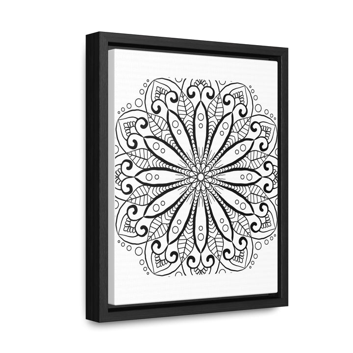 Beautiful mandala handmade art in black and white, on gallery canvas wraps, displayed in a vertical frame