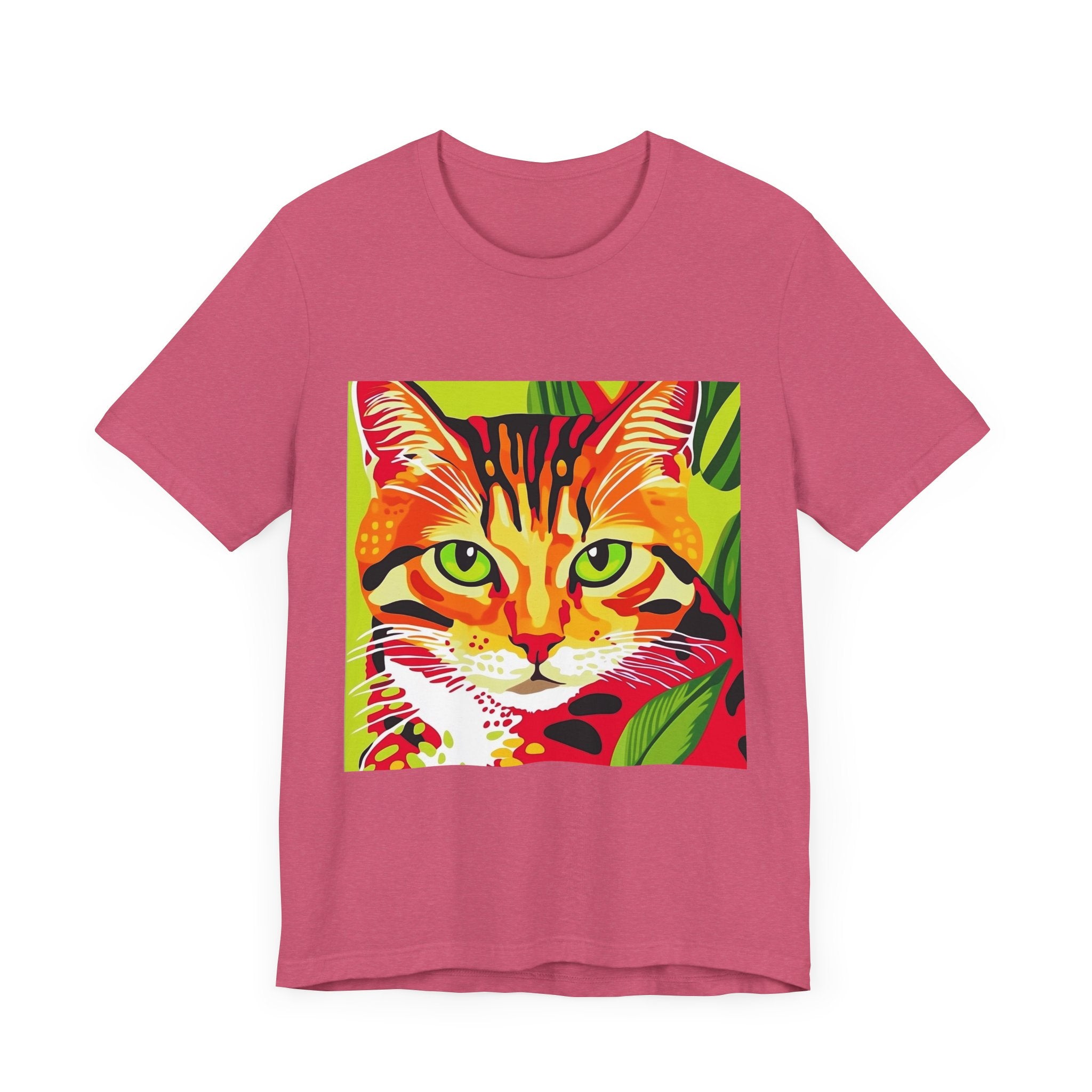 White short sleeve tee with black and brown striped cat design