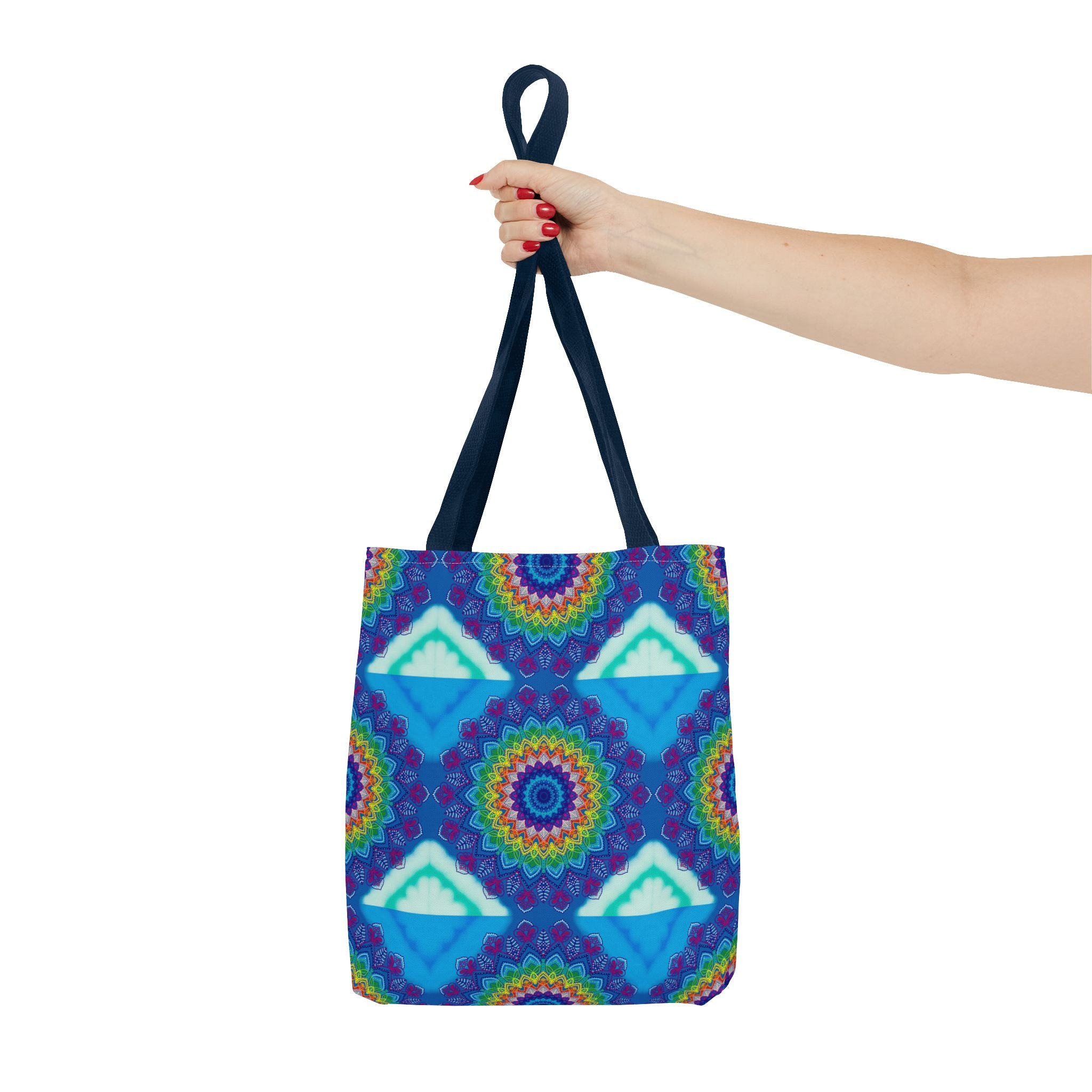 Vibrant and intricate mandala design tote bag with an array of colorful patterns and symbols