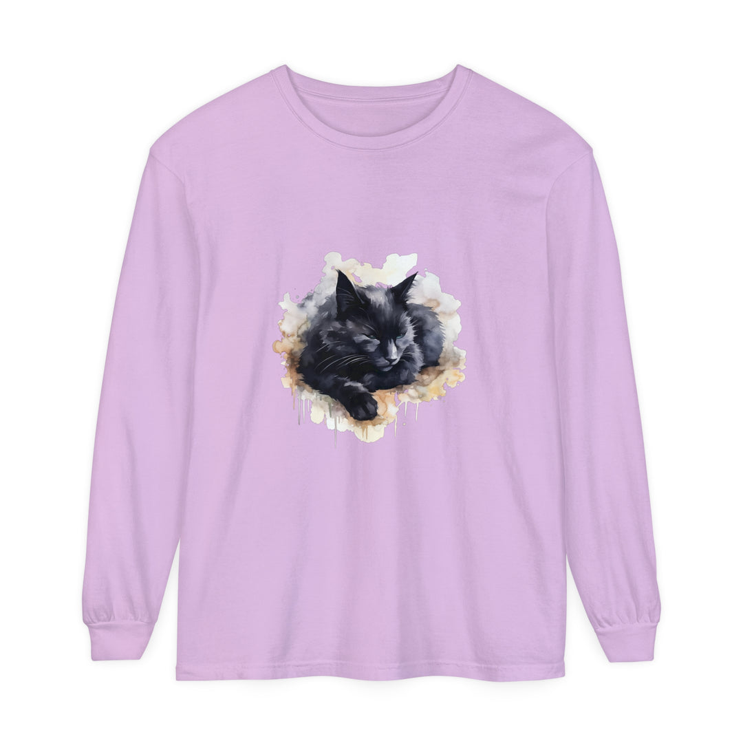 Beautiful watercolor illustration of a sleeping black cat on a t-shirt