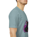 Schwarzes Katzenrätsel – Lila Farbspritzer-T-Shirt