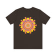 A colorful and intricately designed mandala t-shirt, representing spiritual peace and harmony in vibrant hues