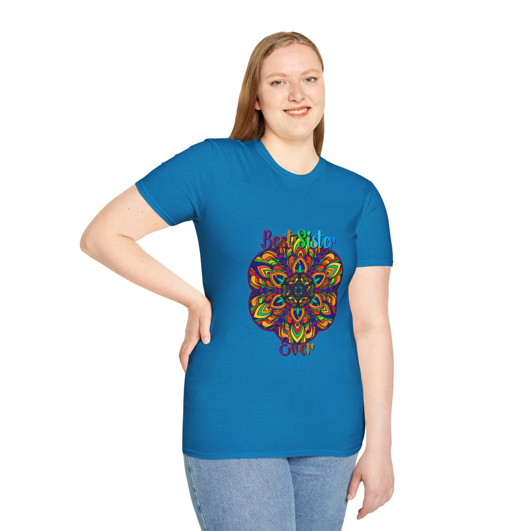 Softstyle unisex t-shirt featuring hand-drawn mandala art gift design for sister