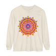 Colorful and intricate mandala design on a unisex long sleeve t-shirt