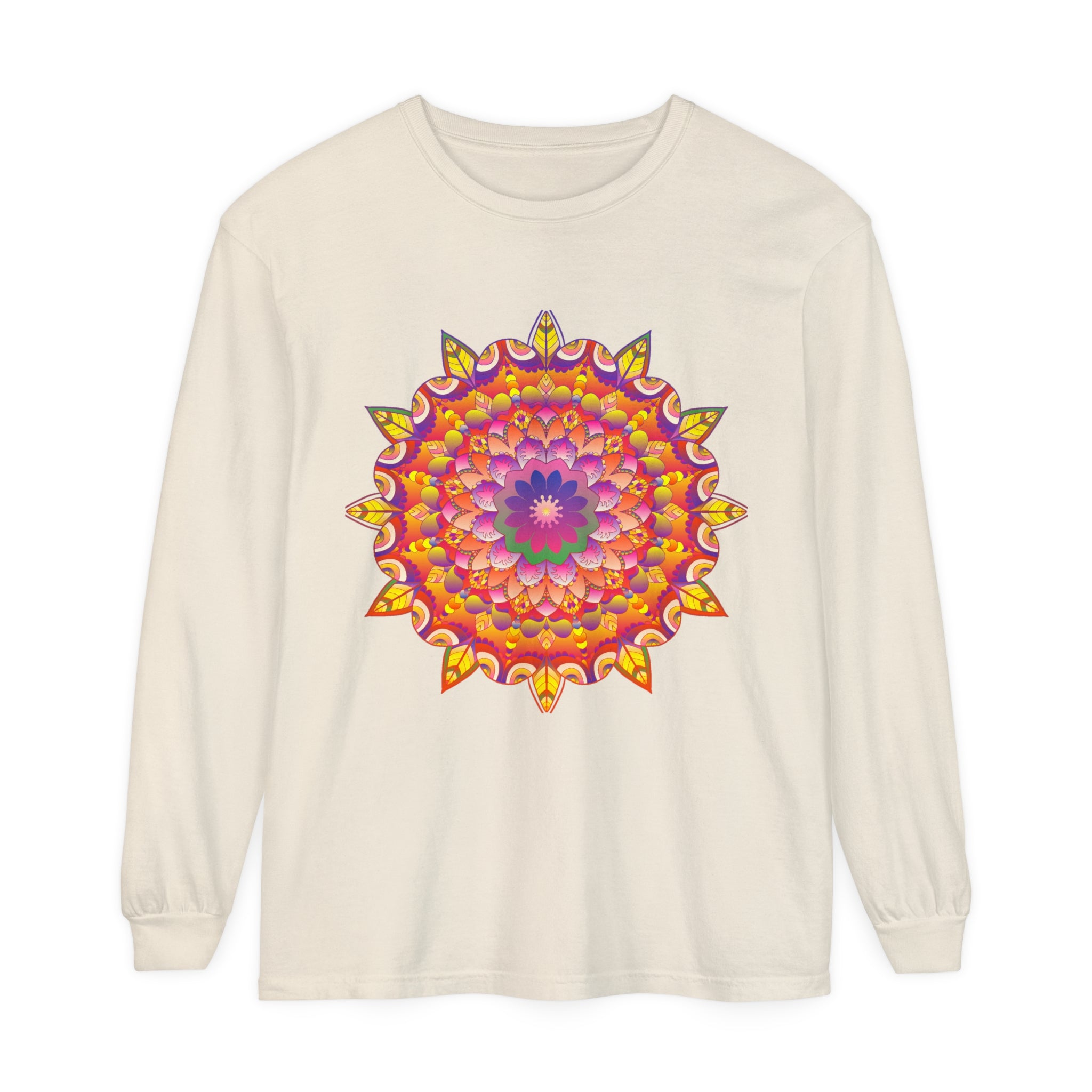 Colorful and intricate mandala design on a unisex long sleeve t-shirt