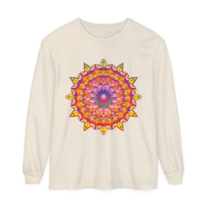 Colorful and intricate mandala design on a unisex long sleeve t-shirt