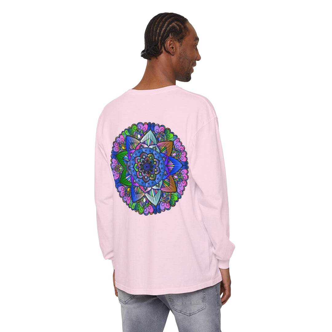 Colorful and intricate mandala design on a unisex long sleeve t-shirt