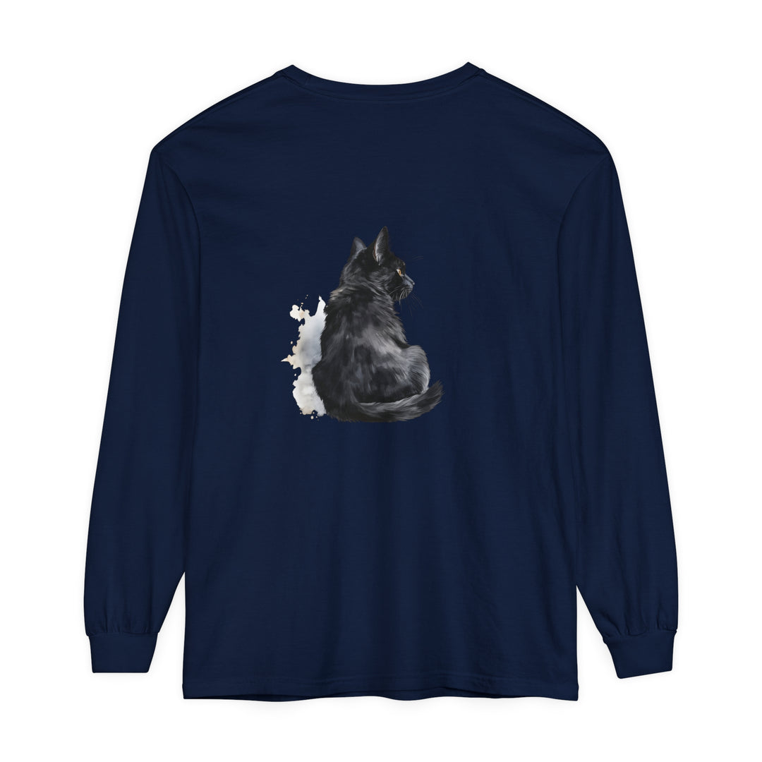 Black Cat Watercolor Unisex Long Sleeve T-Shirt featuring a beautiful watercolor design of a black cat on a comfortable and stylish long sleeve shirt