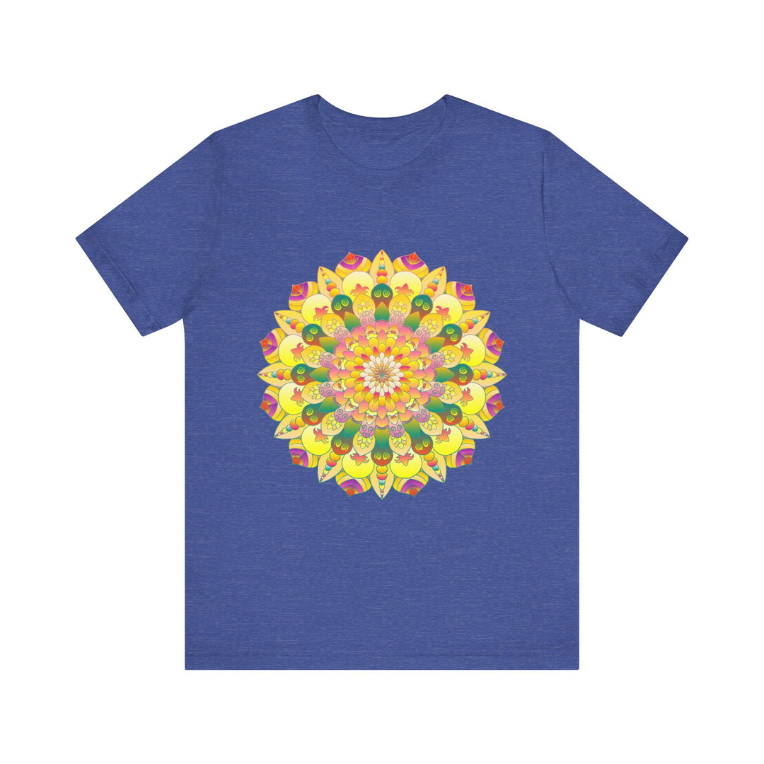 A close-up image of a vibrant mandala tee, featuring intricate spiritual patterns symbolizing peace and harmony