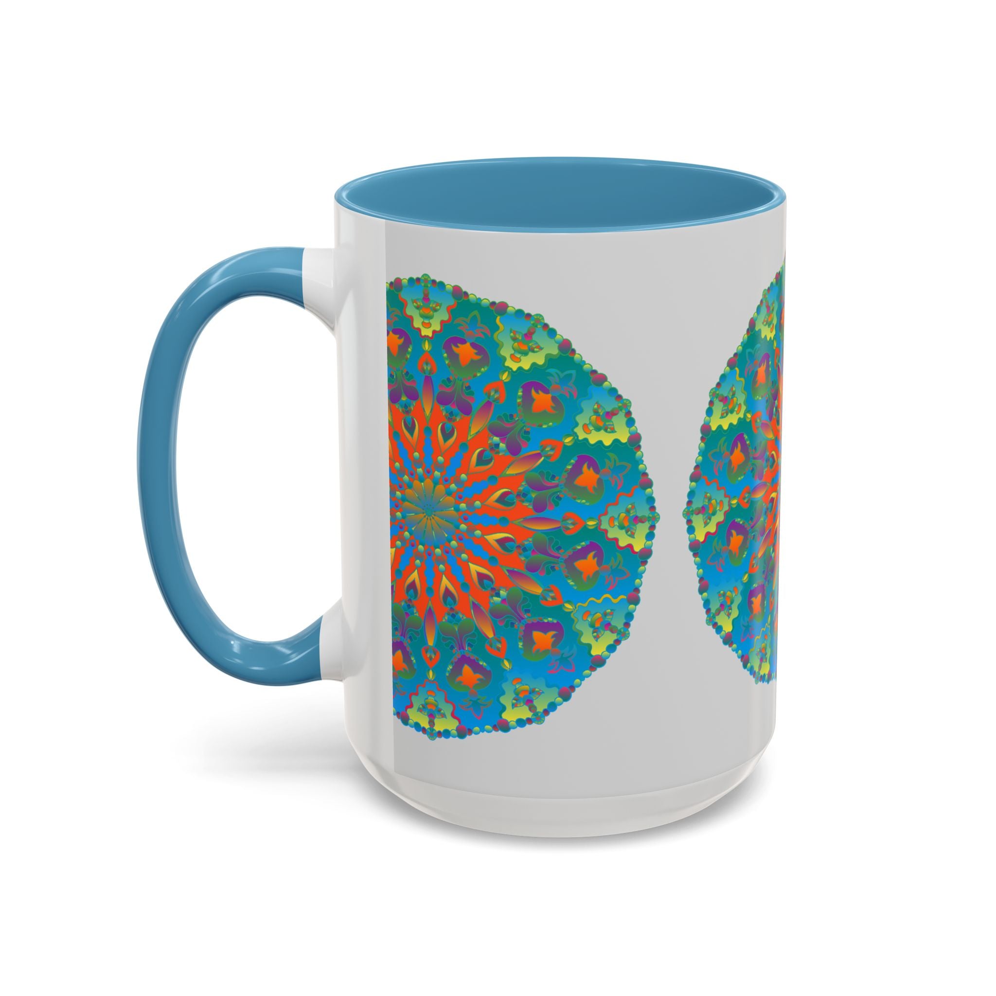 Beautifully handcrafted ceramic mug with a mesmerizing mandala design in shades of blue and green