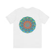 Close-up of a soft, comfortable white tee with a beautiful mandala design, symbolizing spiritual peace and harmony