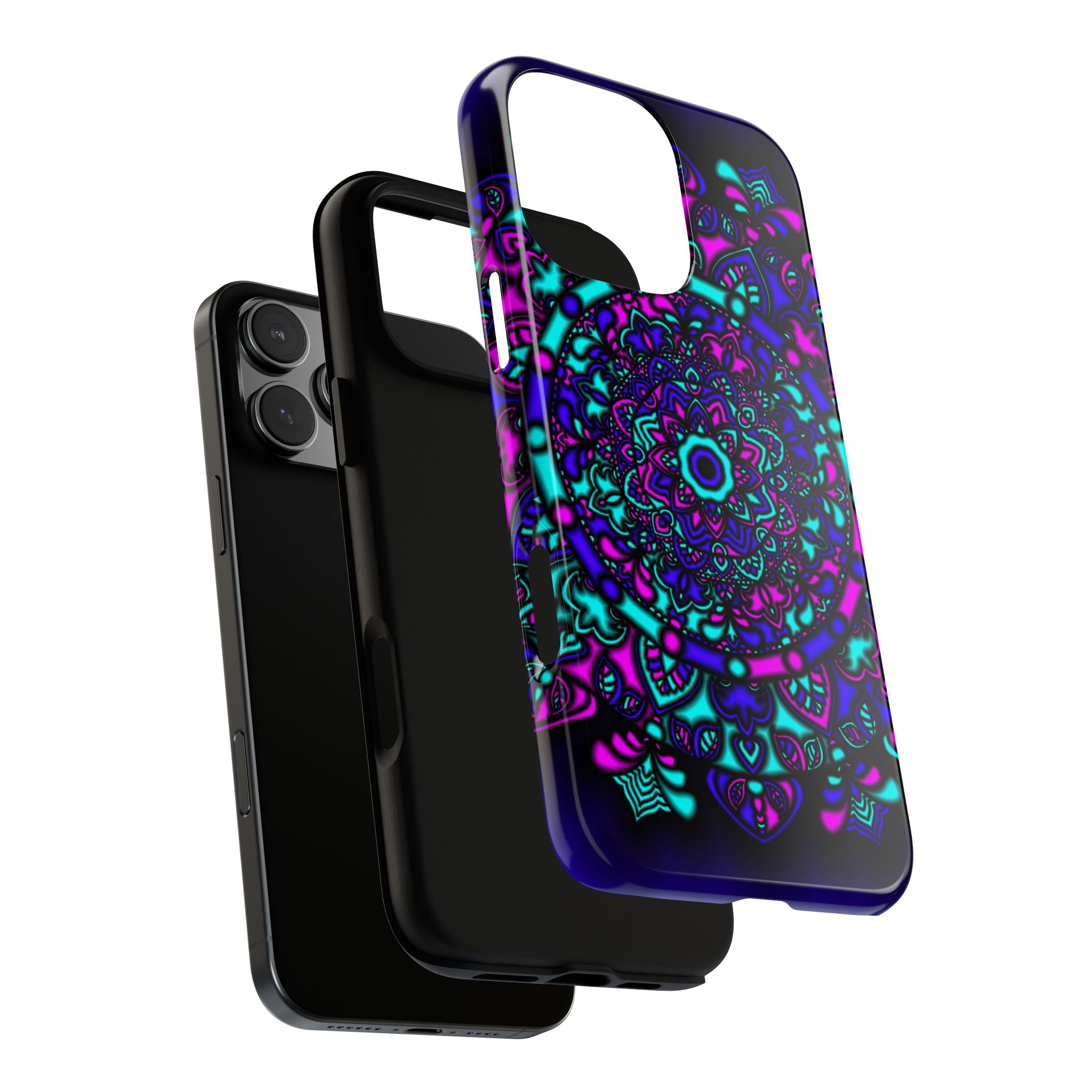 Cover protettiva resistente per telefono Mandala Neon — Viola e Verde acqua
