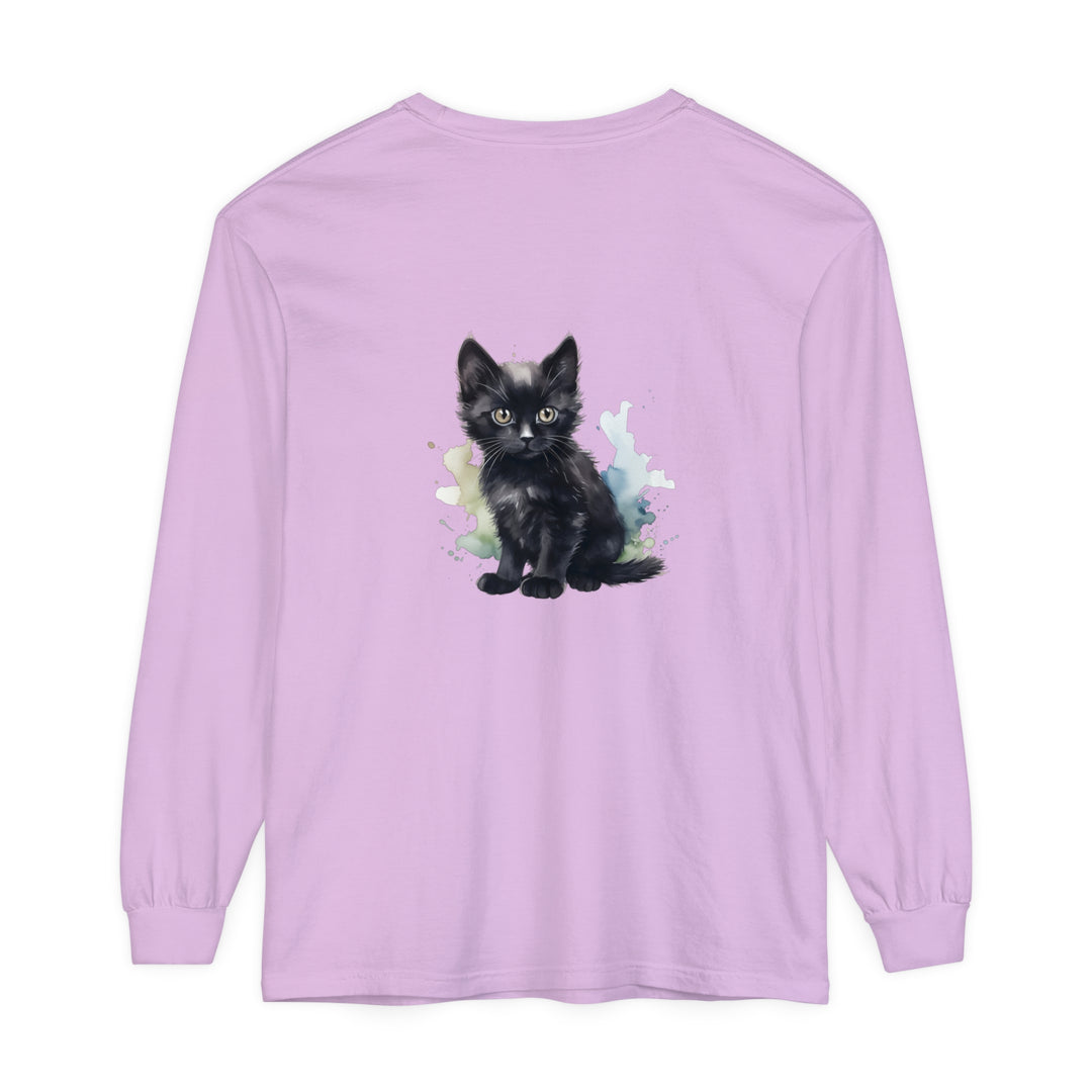 Black watercolor kitten design on a comfortable and stylish long sleeve t-shirt