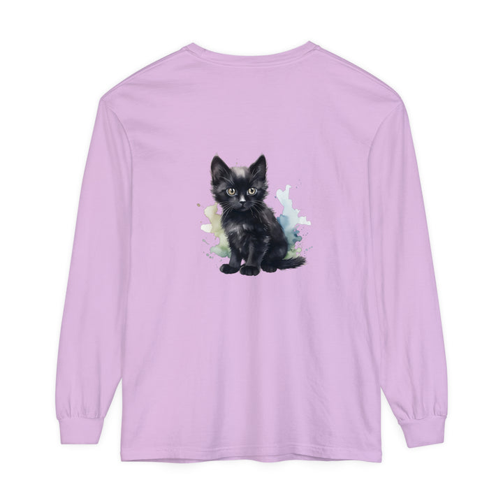 Black watercolor kitten design on a comfortable and stylish long sleeve t-shirt