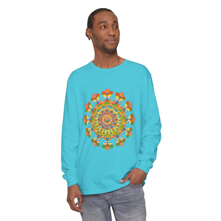 A colorful long sleeve t-shirt featuring a vibrant mandala design