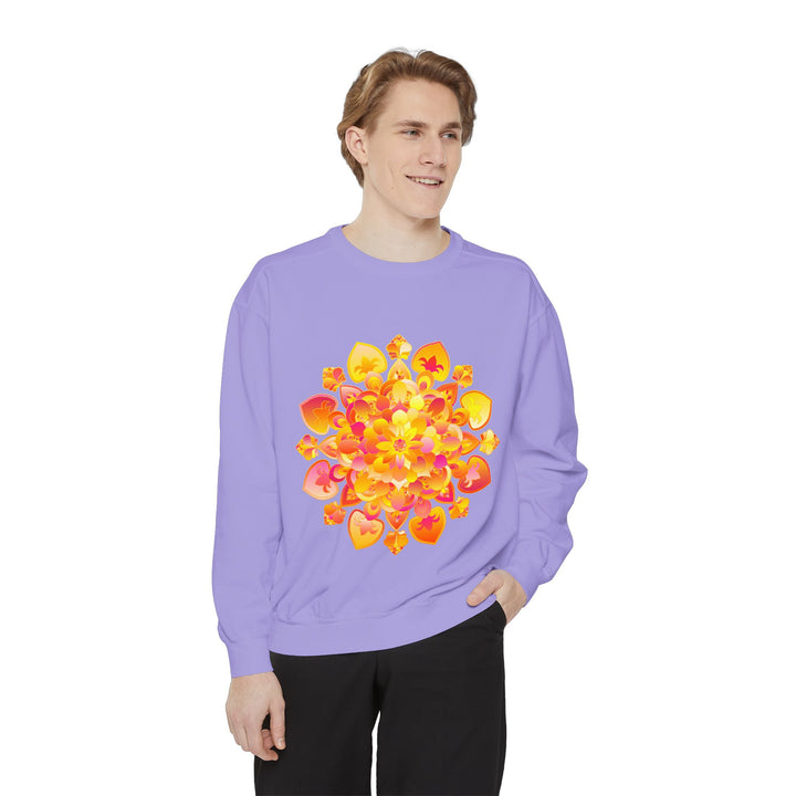 Colorful mandala sweatshirt with intricate design, perfect for yoga, meditation, and promoting inner peace and tranquility