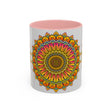 A beautiful and vibrant mandala art mug featuring a colorful floral design