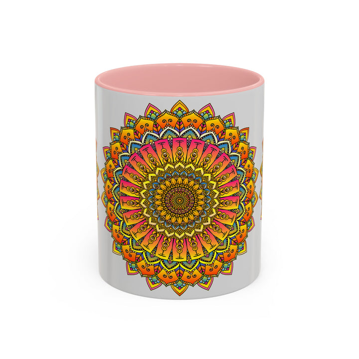 A beautiful and vibrant mandala art mug featuring a colorful floral design