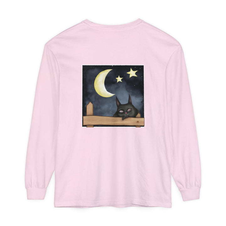 Black t-shirt featuring a sleepy cat gazing at the night sky