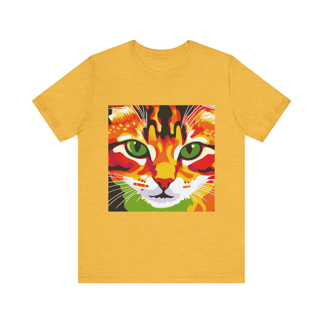 Vibrant and colorful abstract art illustration of a Savanna Cat featured on a stylish and trendy T-shirt