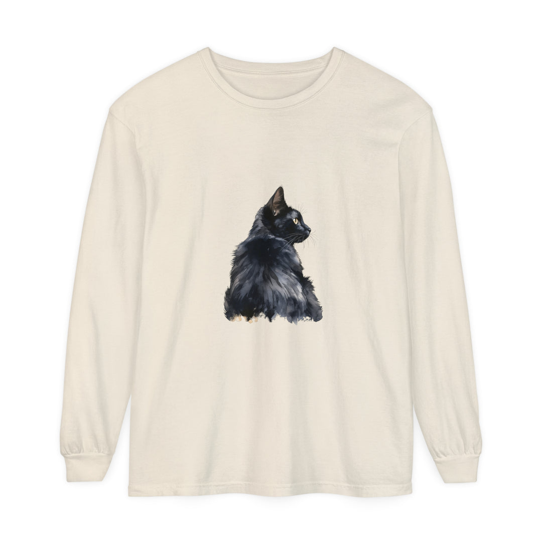 Black Cat Watercolor Long Sleeve T-Shirt with vibrant watercolor cat design