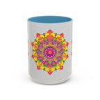 Beautiful grey mug with vibrant mandala art, perfect for adding a touch of color to your morning coffee routine
