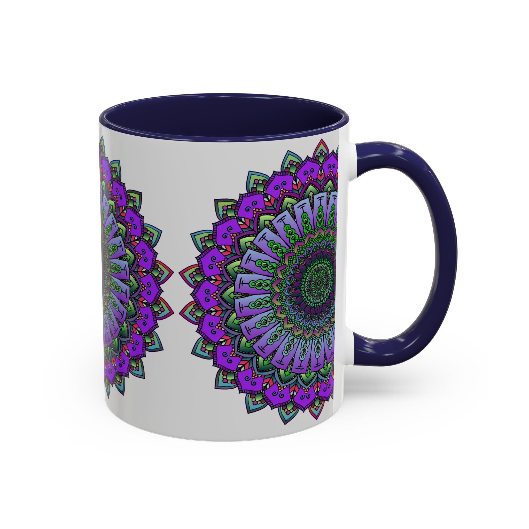 A close-up image of a colorful ceramic mug with a vibrant mandala design, featuring intricate spiritual art and patterns