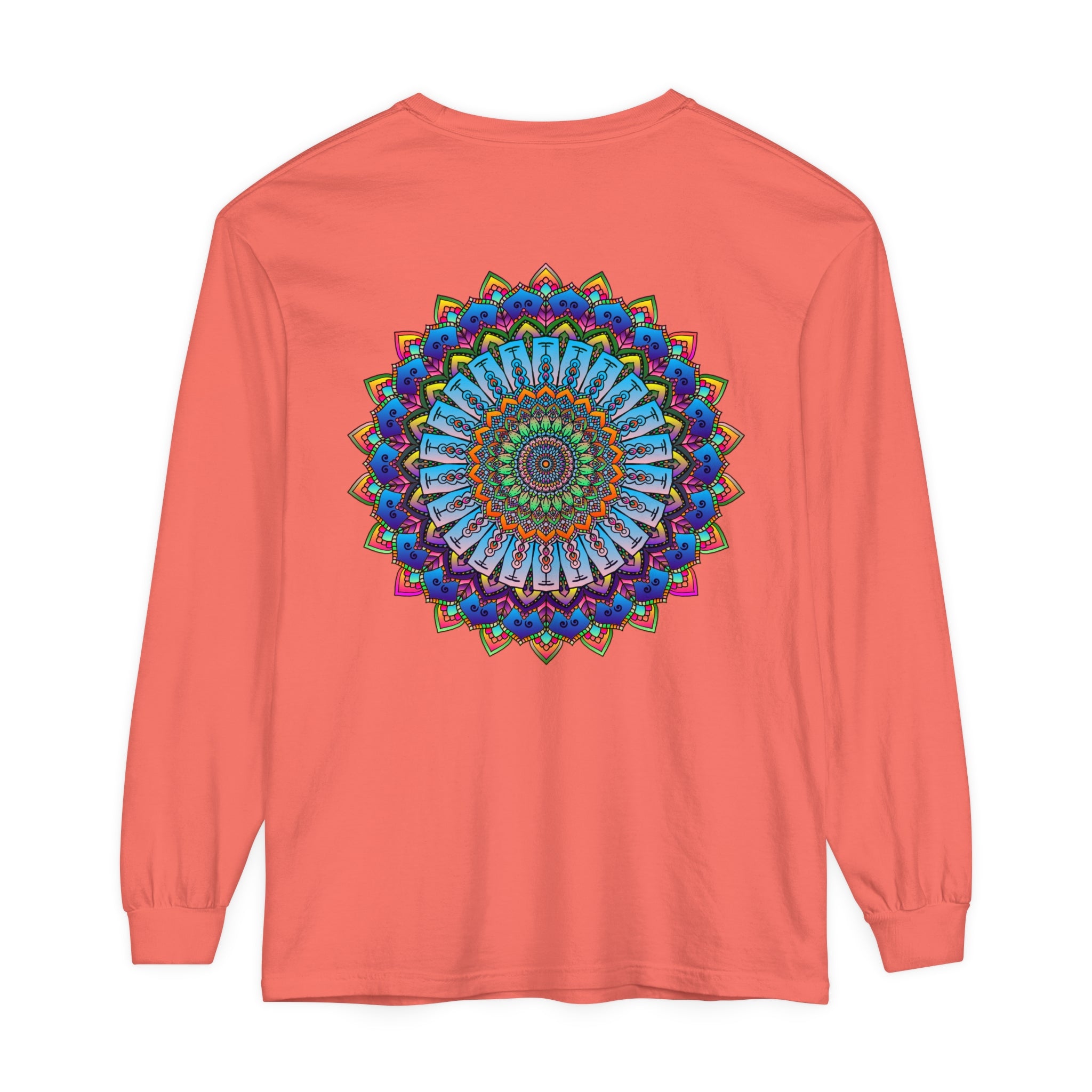 Vibrant mandala print on unisex long sleeve t-shirt