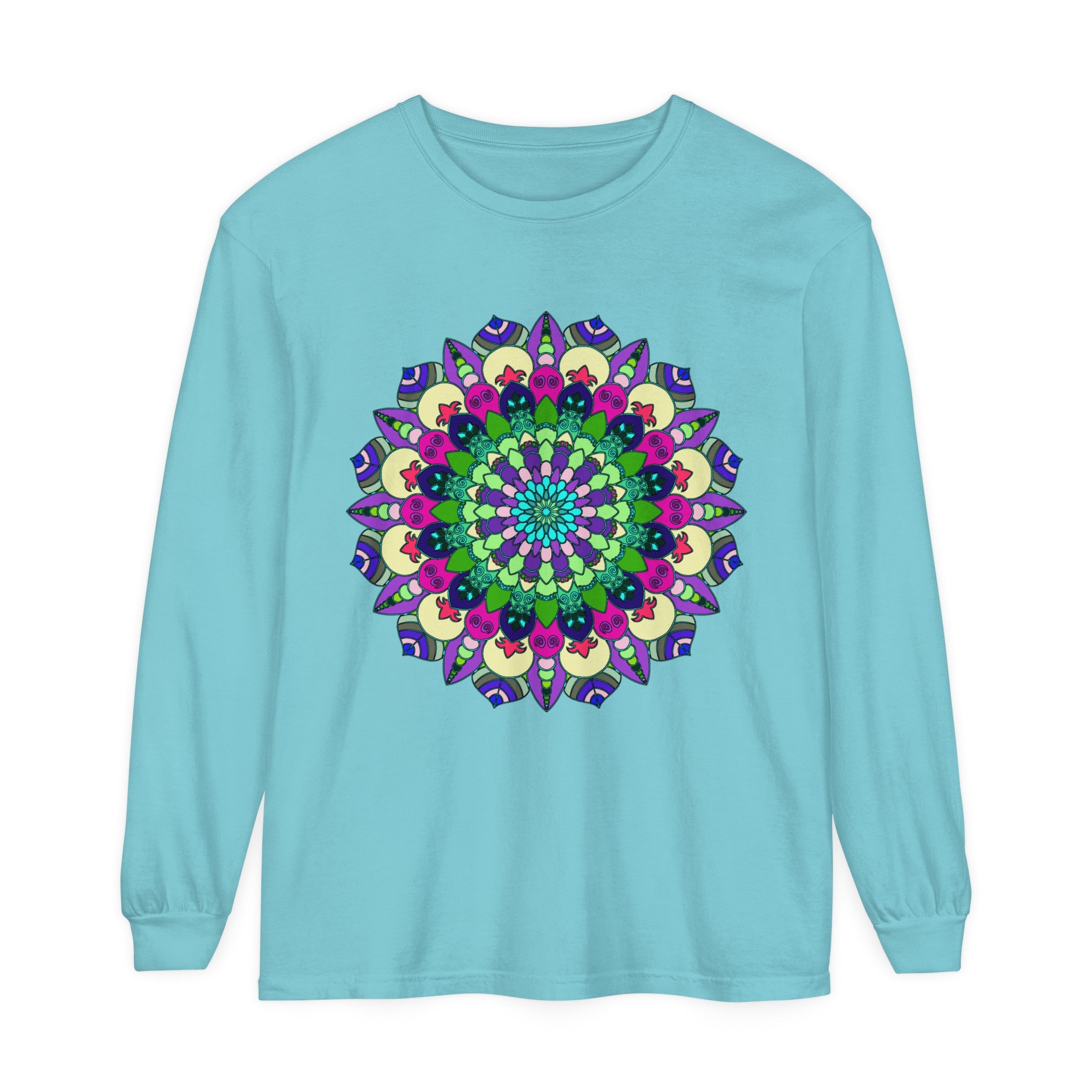 Colorful and intricate mandala design on a unisex long sleeve t-shirt