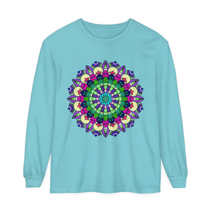 Colorful and intricate mandala design on a unisex long sleeve t-shirt