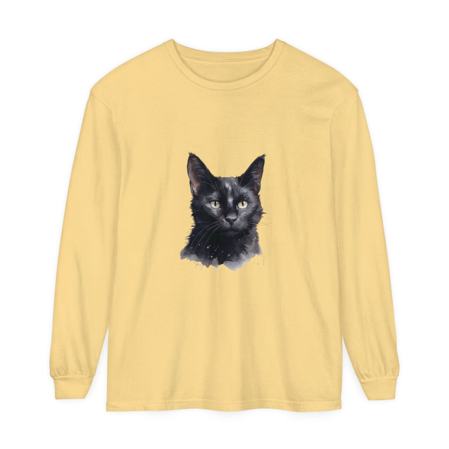 Black Cat Watercolor Unisex Long Sleeve T-Shirt with vibrant, hand-painted feline design
