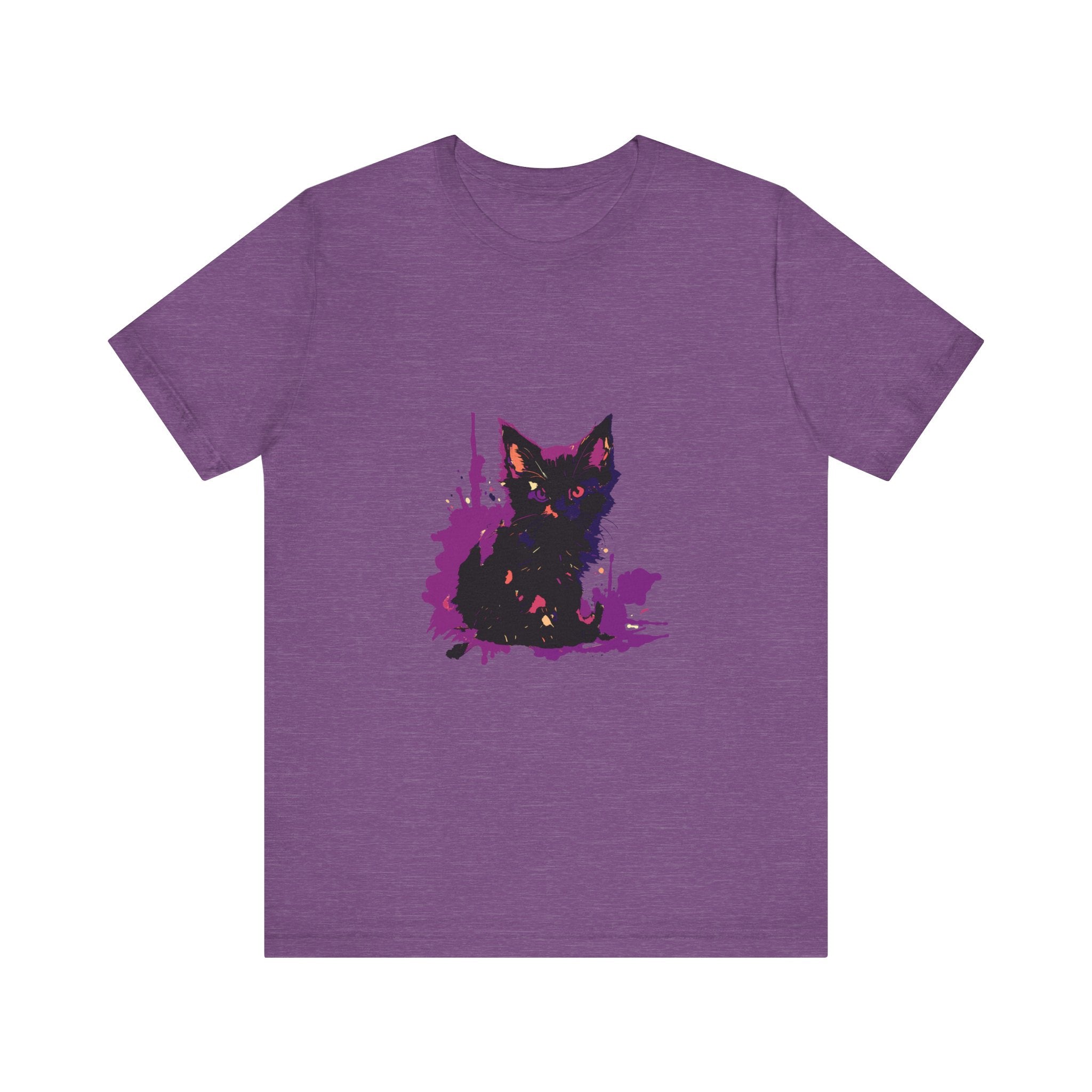 Schwarzes Katzenrätsel – Lila Farbspritzer-T-Shirt