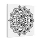 Handmade mandala art in black and white, displayed on matte canvas, stretched to 125 inches