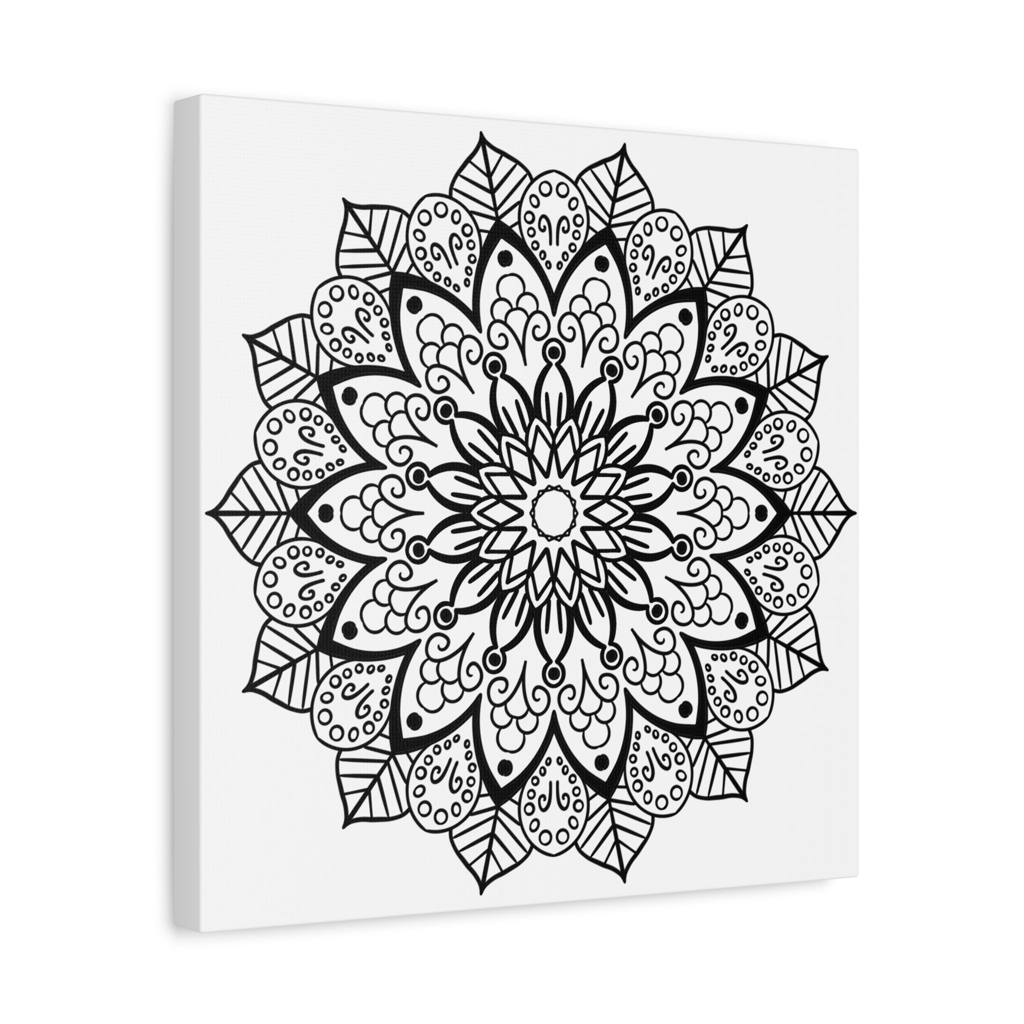 Handmade mandala art in black and white, displayed on matte canvas, stretched to 125 inches